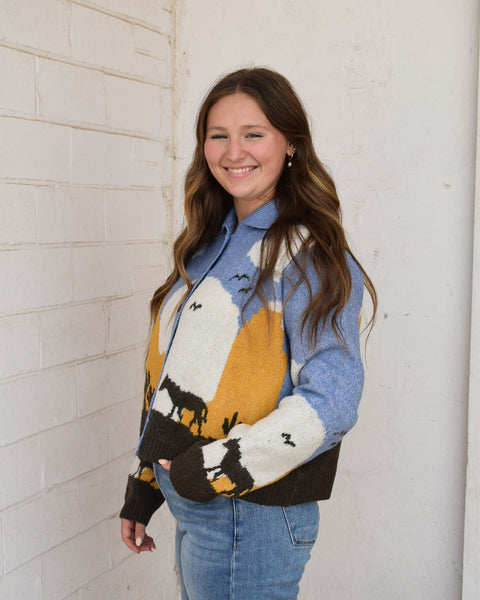 HORSE & SUNSET CARDIGAN SWEATER - CHAMBRAY