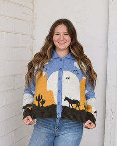 HORSE & SUNSET CARDIGAN SWEATER - CHAMBRAY