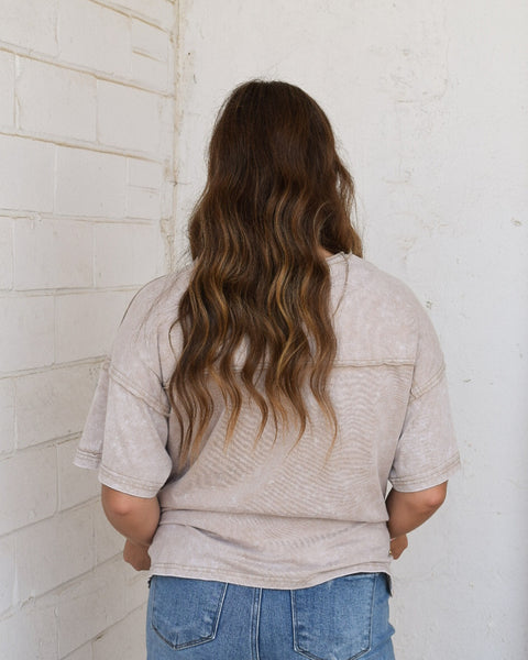 MINERAL WASHED V-NECK TOP- TAUPE