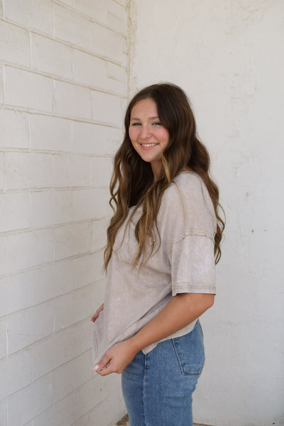 MINERAL WASHED V-NECK TOP- TAUPE