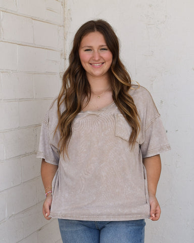 MINERAL WASHED V-NECK TOP- TAUPE