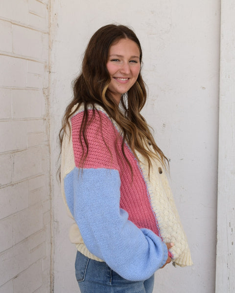 COLOR ME CUTE V-NECK CARDIGAN SWEATER - COLOR BLOCK