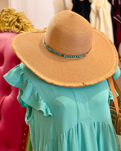 SUN LOVER WIDE BRIM HAT WITH TURQUOISE BEADED BAND