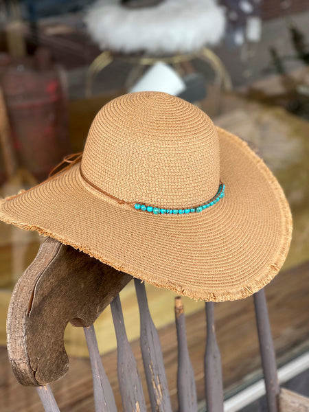 SUN LOVER WIDE BRIM HAT WITH TURQUOISE BEADED BAND