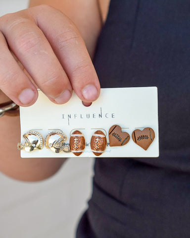 FOOTBALL LOVE STUD EARRINGS SET of 3 - BROWN