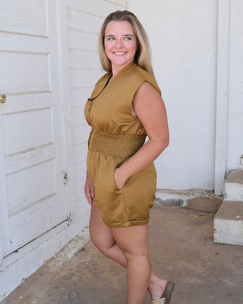 LYDIA SMOCKED WAIST ROMPER -  RUM