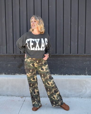 MID RISE STRAIGHT WIDE LEG PANTS BY RISEN- CAMO - REG/CURVY