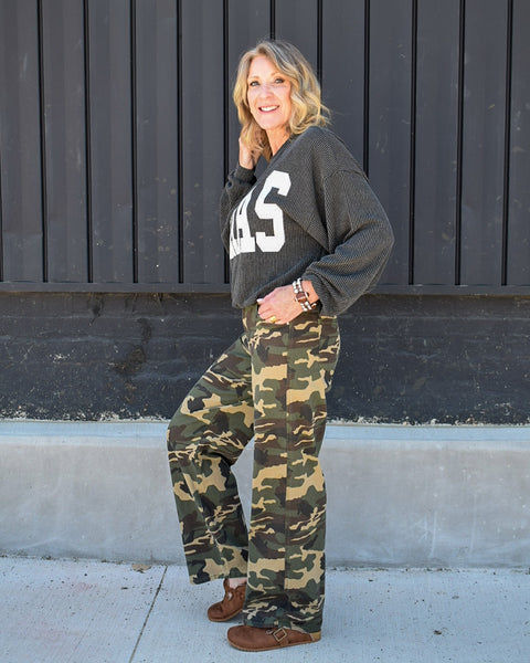 MID RISE STRAIGHT WIDE LEG PANTS BY RISEN- CAMO - REG/CURVY