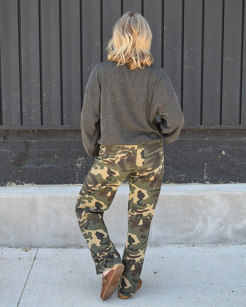 MID RISE STRAIGHT WIDE LEG PANTS BY RISEN- CAMO - REG/CURVY