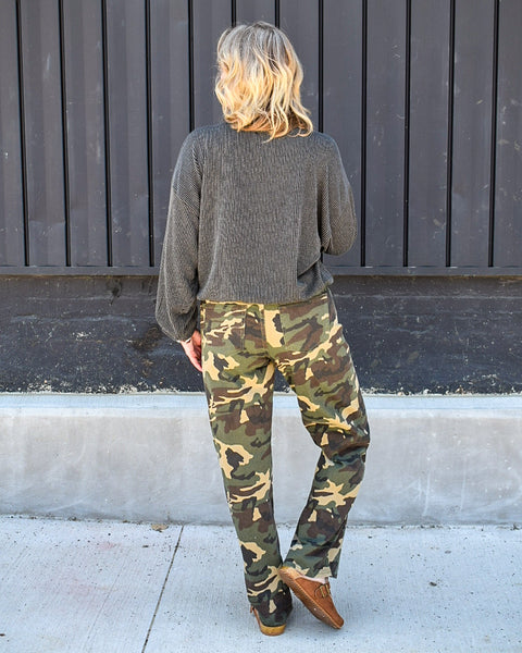 MID RISE STRAIGHT WIDE LEG PANTS BY RISEN- CAMO - REG/CURVY
