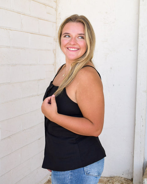 APRIL BUTTON DOWN SOLID WOVEN VEST TOP- BLACK