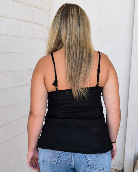 APRIL BUTTON DOWN SOLID WOVEN VEST TOP- BLACK