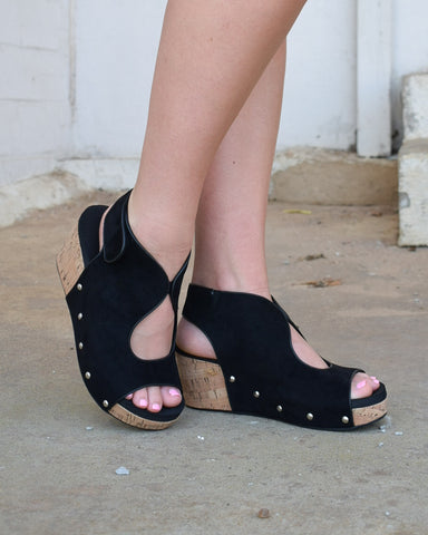 FRISKY WEDGE BY CORKYS - BLACK FAUX SUEDE