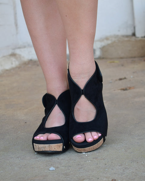FRISKY WEDGE BY CORKYS - BLACK FAUX SUEDE