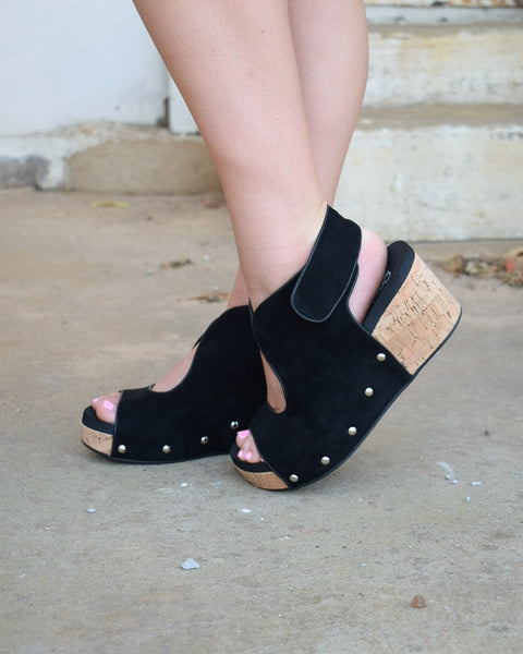 FRISKY WEDGE BY CORKYS - BLACK FAUX SUEDE