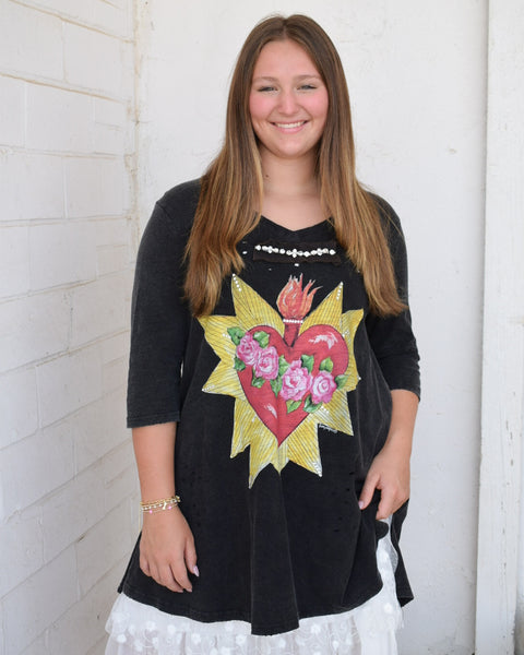 BLAZING HEART TATTERED  TEE - BY A RARE BIRD - BLACK