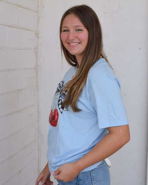 DISCO CHERRIES GRAPHIC TEE - LT BLUE - CURVY