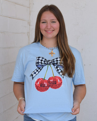 DISCO CHERRIES GRAPHIC TEE - LT BLUE - CURVY