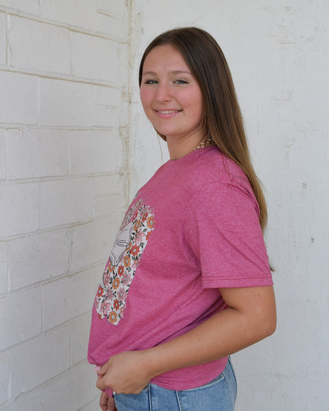 BOW WITH FLOWERS  GRAPHIC TEE - HEATHERED RED - CURVY