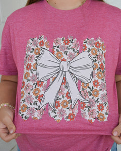 BOW WITH FLOWERS  GRAPHIC TEE - HEATHERED RED - CURVY