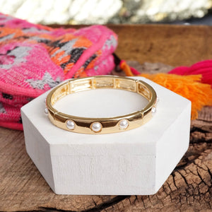 ETERNITY STRETCHY STACKABLE BANGLE- GOLD TONE SMALL PEARLS