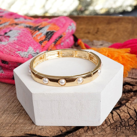 ETERNITY STRETCHY STACKABLE BANGLE- GOLD TONE SMALL PEARLS