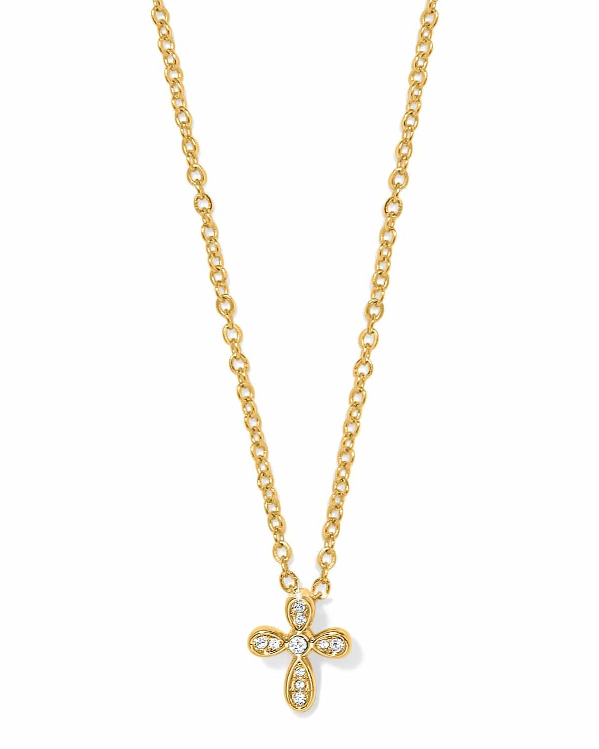 Gold necklace with a cross pendant on a white background