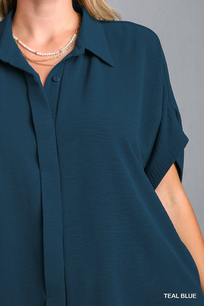 KATRINA BUTTON DOWN HI-LOW SHIRT BY UMGEE- TEAL BLUE