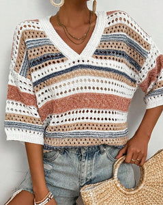 MULTI COLOR STRIPED HALF SLEEVE KNITTED SWEATER
