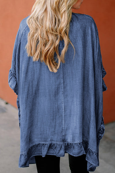 LOLITA RUFFLE HEM HALF SLEEVE KIMONO =  CHAMBRAY