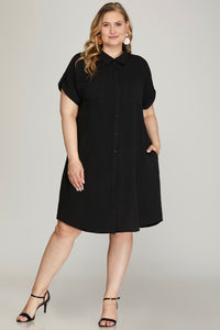 CURVY - BUTTON UP WOVEN DRESS - BLACK