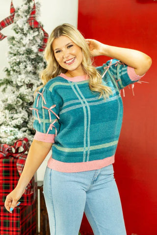 PLAID SWEATER WITH BOWS - TURQUOISE