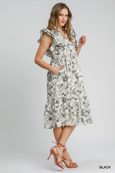 COUNTRY MORNING FLORAL PRINT MIDI DRESS - BLACK