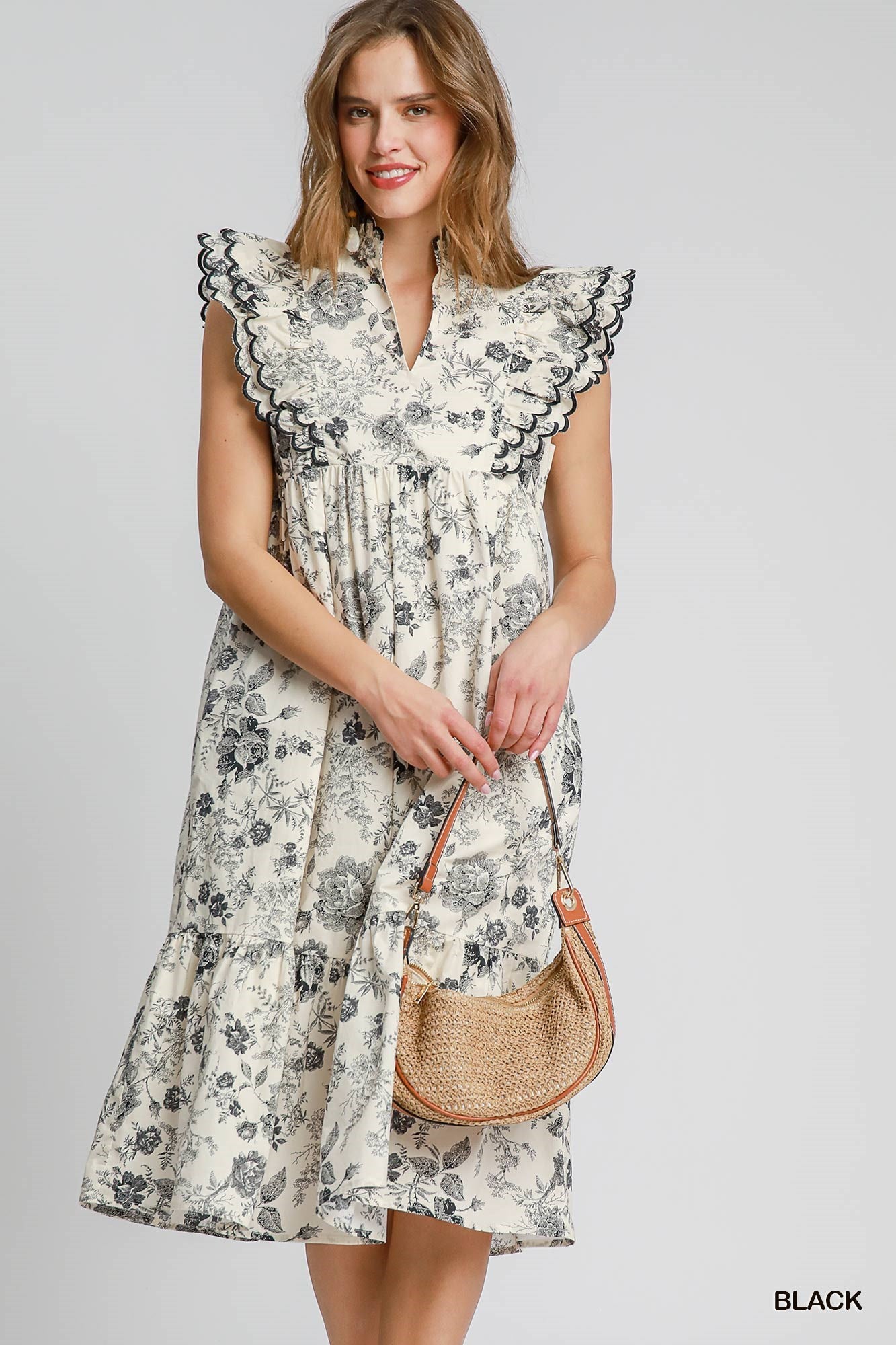 COUNTRY MORNING FLORAL PRINT MIDI DRESS - BLACK