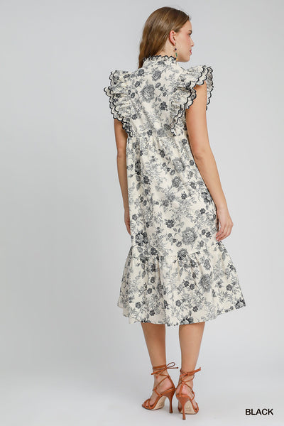 COUNTRY MORNING FLORAL PRINT MIDI DRESS - BLACK