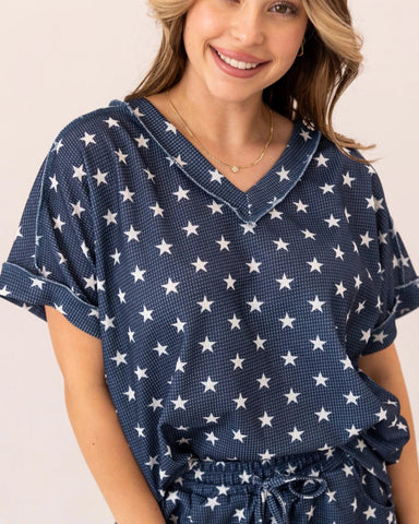 LUCY WAFFLE KNIT TOP  - NAVY/STARS -  REG/CURVY