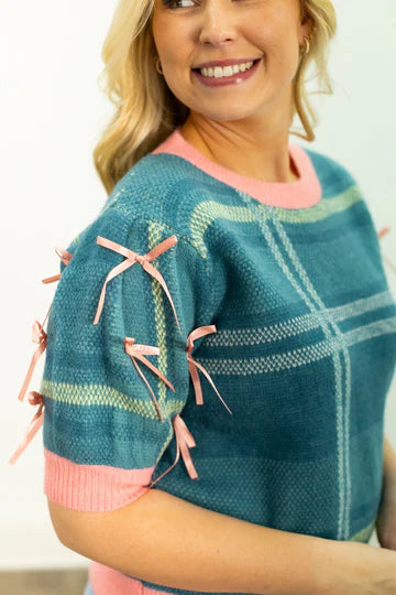 PLAID SWEATER WITH BOWS - TURQUOISE