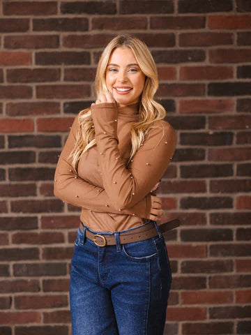 MOCK NECK MESH UNDERSHIRT WITH PEARLS - BROWN - REG/CURVY