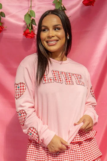 GINGHAM "LOVE" SWEATSHIRT - PINK