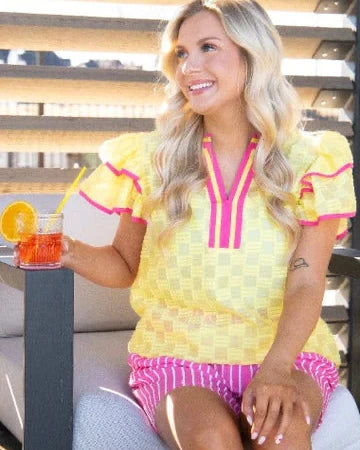 V-Neck Flutter Sleeve Top, Yellow - Salty Lime Boutique