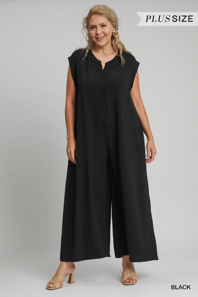 ROMP AROUND THE TOWN SLEEVELESS JUMPSUIT  BY UMGEE - BLACK - REG/CURVY