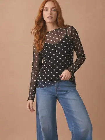 Polka Dot Mesh Semi Sheer Top - Black - Salty Lime Boutique
