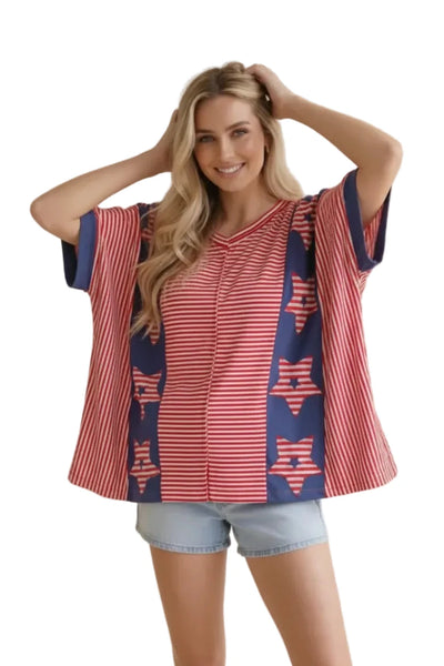 V-Neck Dolman Sleeve Stripe & Solid Color Block Star Patch Knit Top - Red - Salty Lime Boutique