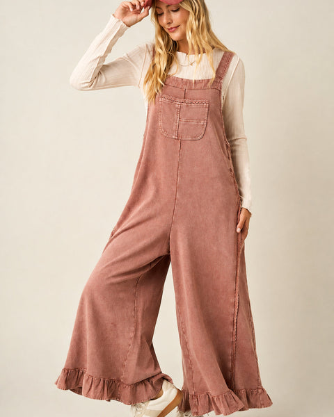 Mineral Washed Ruffle Hem Overall Jumpsuit- Red Bean