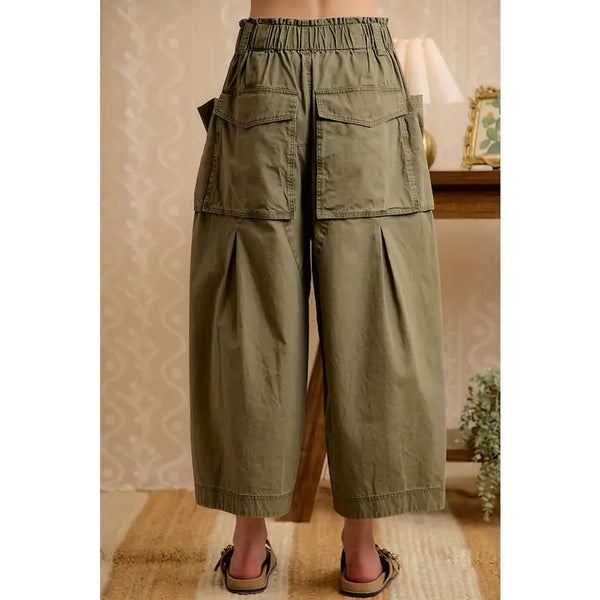 Washed Cotton Oversized Pockets Wide Cargo Pants - Olive - Salty Lime Boutique