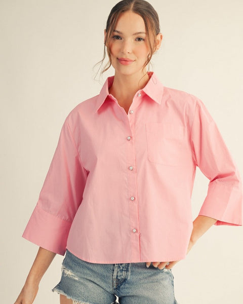 SWEET ESCAPE TOP WITH PEARL BUTTONS - PINK - Salty Lime Boutique