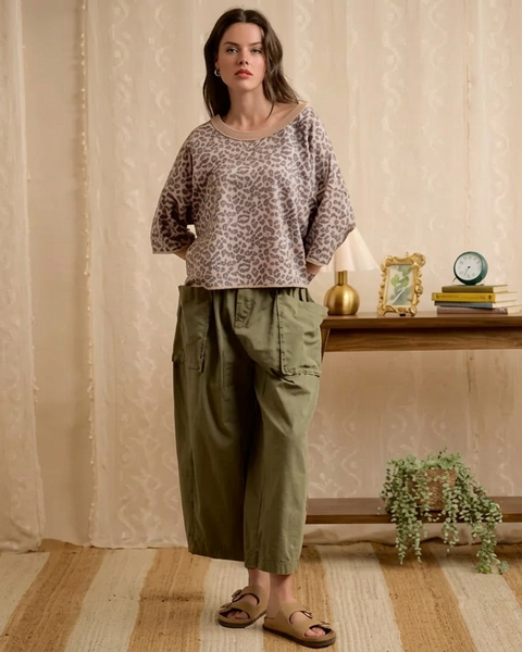 Washed Cotton Oversized Pockets Wide Cargo Pants - Olive - Salty Lime Boutique