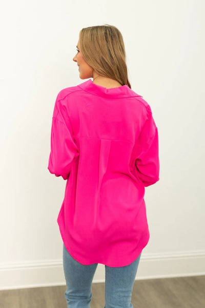 KATHRYN BUTTON DOWN TOP - HOT PINK