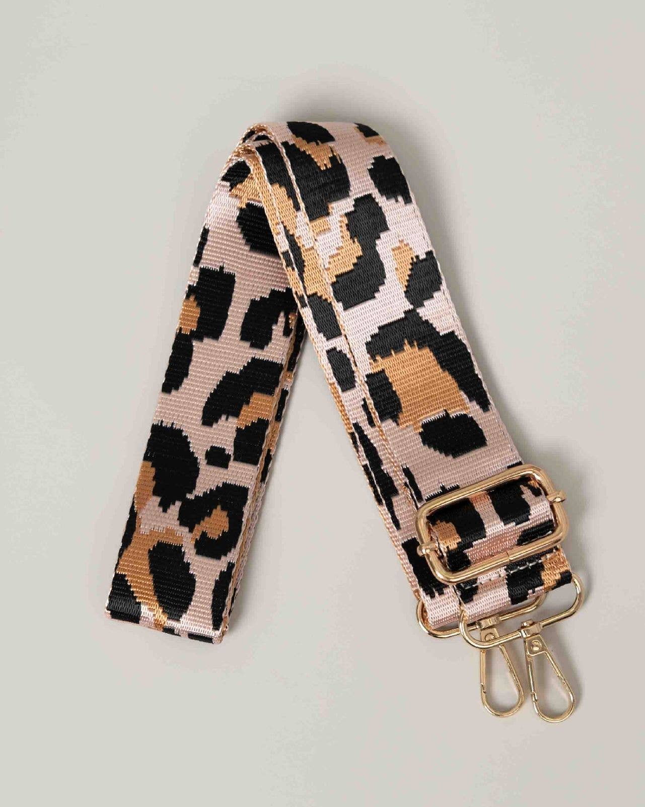 METALLIC CHEETAH WOVEN ADJUSTABLE CANVAS BAG STRAP - BEIGE/BLACK