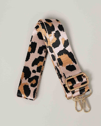 METALLIC CHEETAH WOVEN ADJUSTABLE CANVAS BAG STRAP - BEIGE/BLACK